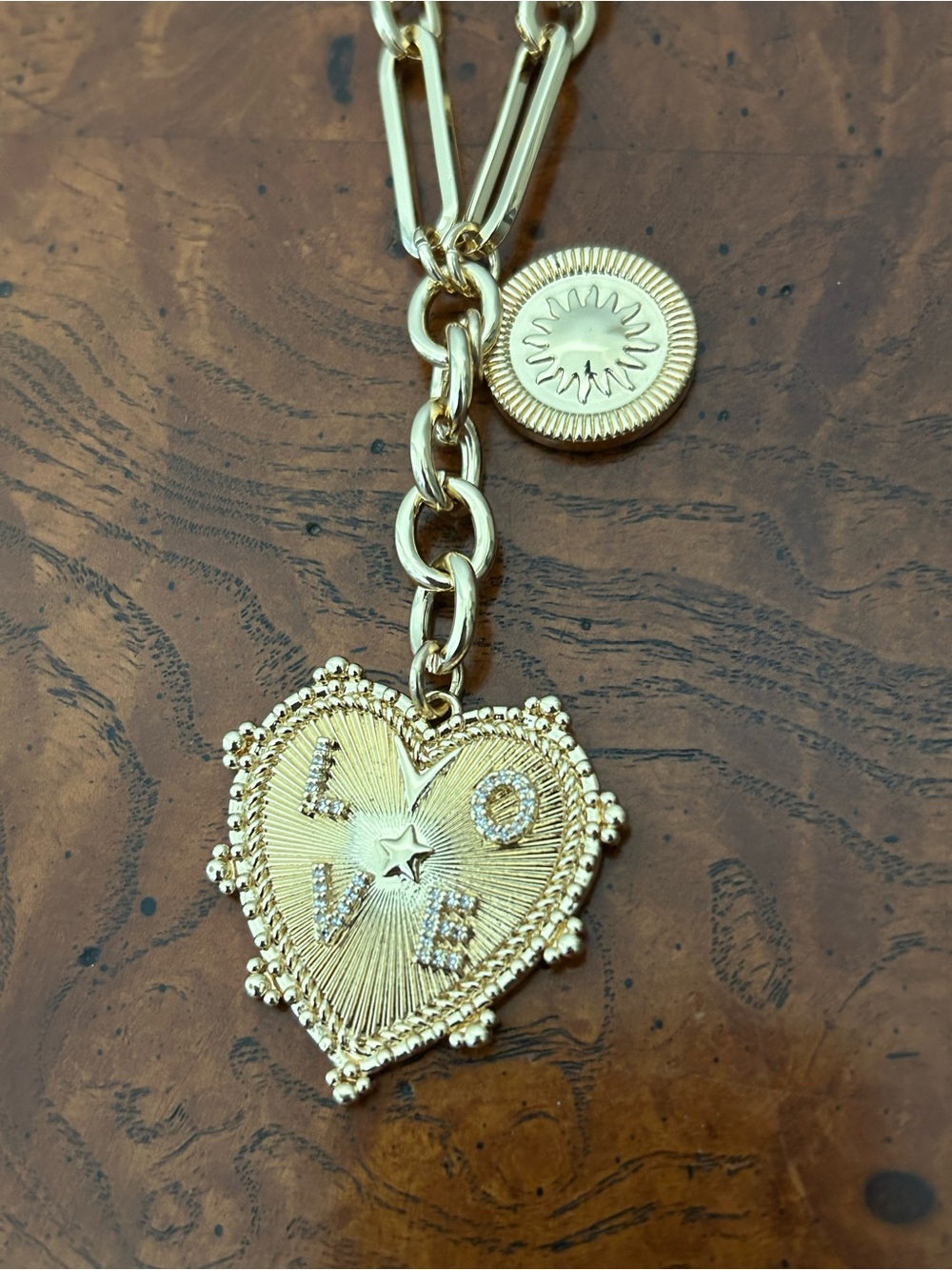 Gold Heart Crystal ‘LOVE' Pendant Necklace with Sun Charm